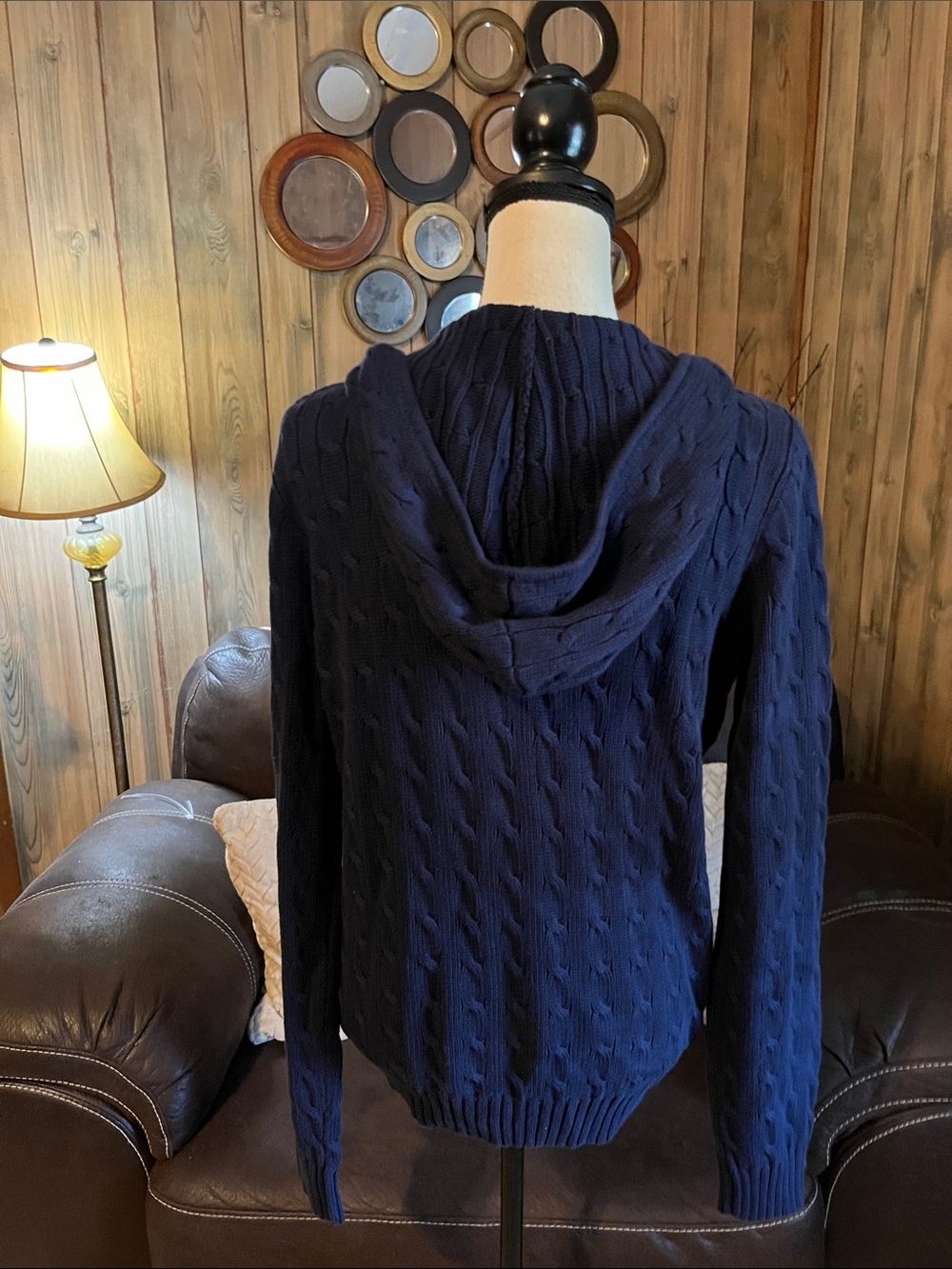 Polo Ralph Lauren Cable-Knit Cotton Full-Zip Hoodie Sweater Classic Navy Preppy - Picture 6 of 8